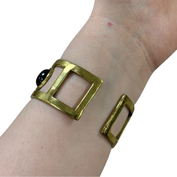 Vintage Gold Tone Black Cabochon Cuff Bracelet Statement 80s Art Deco Inspired - Picture 3 of 4